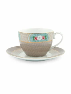 Mukit & Kupit & Asetit|PIP Studio Blushing Birds -cappuccinokuppi 280 ml ja lautanen KHAKI