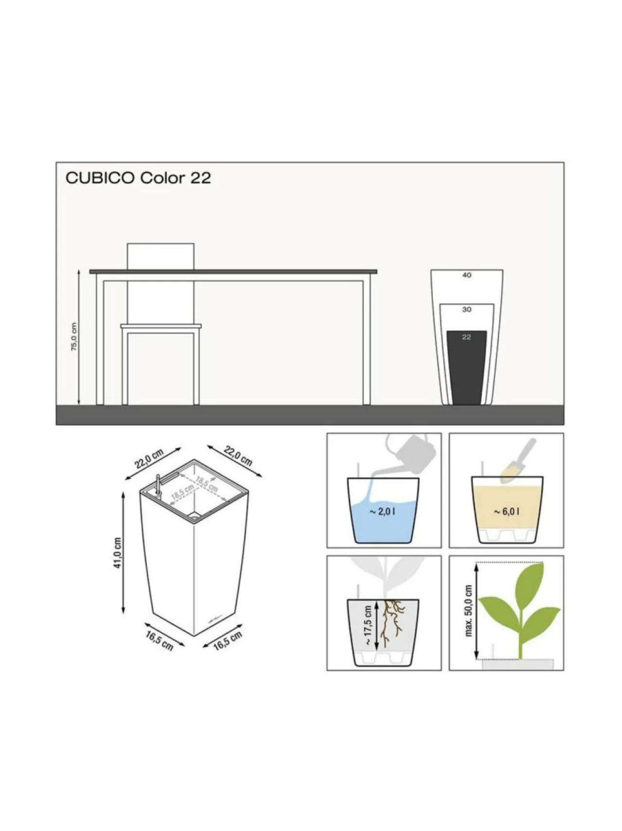Ruukut & Istutusastiat|Lechuza CUBICO Color 30 matta Hiekka Altakasteluruukku ∅30x30 korkeus 56 cm HIEKKA MATTAPINTA