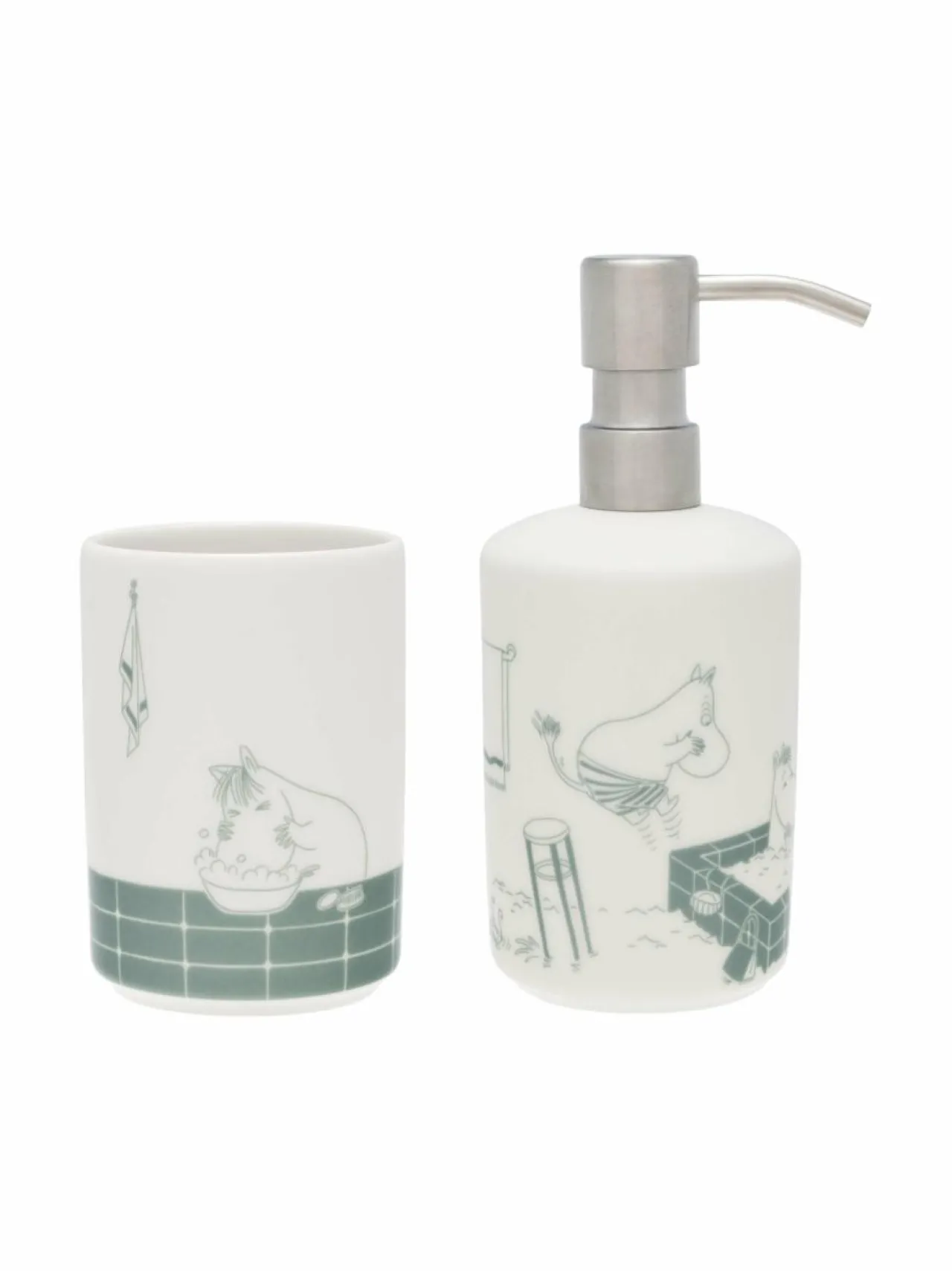 Koriste-Esineet|Moomin Arabia Muumi Kylpyhetki - saippuapumppu ja hammasharjateline BEIGE-GREEN