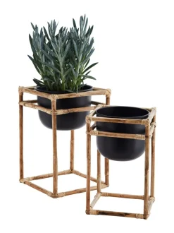 Ruukut & Istutusastiat|Madam Stolz Ruukku ja bambuteline 2kpl setti LUONTO, MUSTA