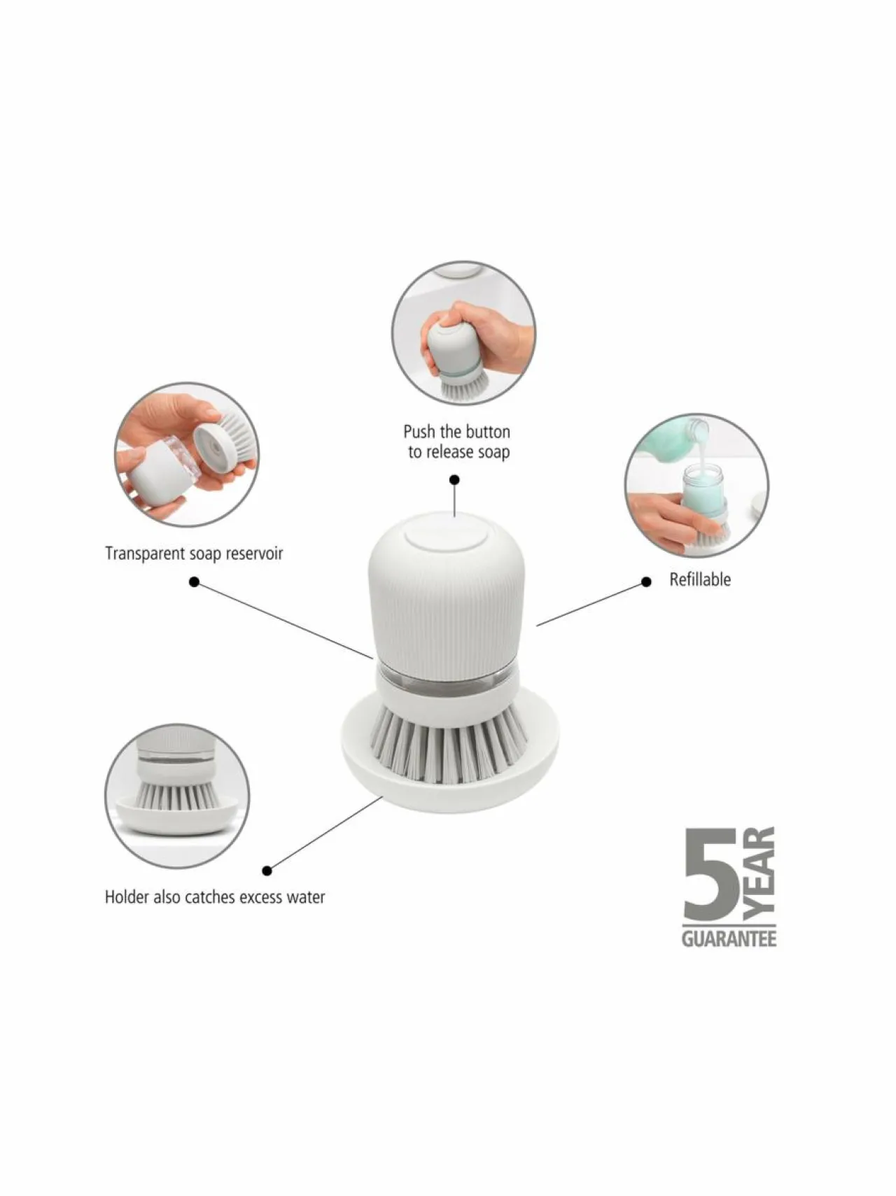 Keittiötarvikkeet|Brabantia Saippuaa annosteleva tiskiharja LIGHT GREY